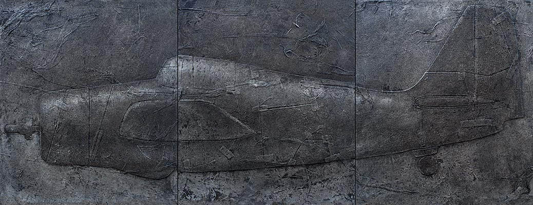 Horizontal painting of a World War II fighter plane.