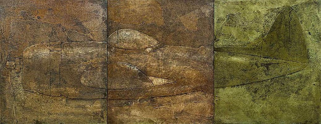 Horizontal painting of a World War II fighter plane.