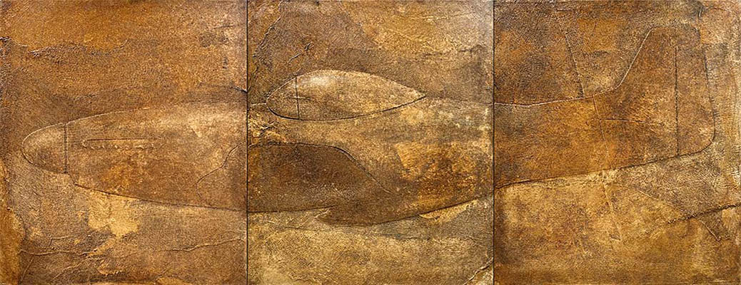 Horizontal painting of a World War II fighter plane.