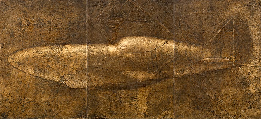 Horizontal painting of a World War II fighter plane.