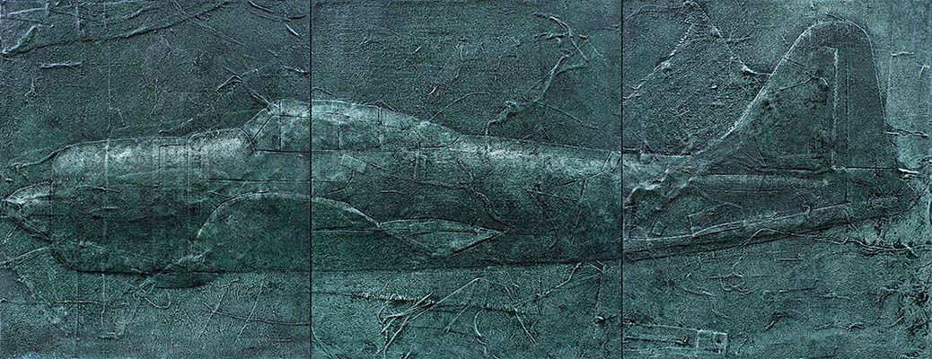 Horizontal painting of a World War II fighter plane.