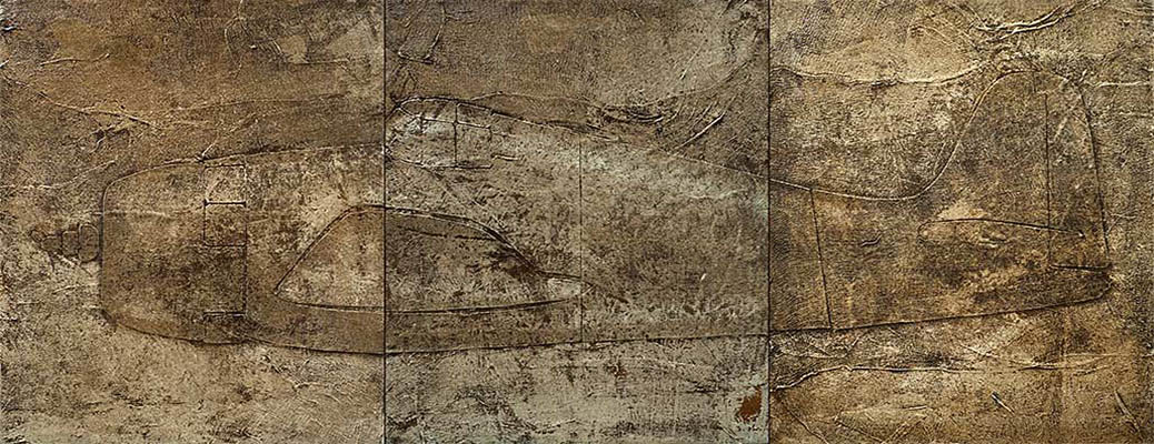 Horizontal painting of a World War II fighter plane.