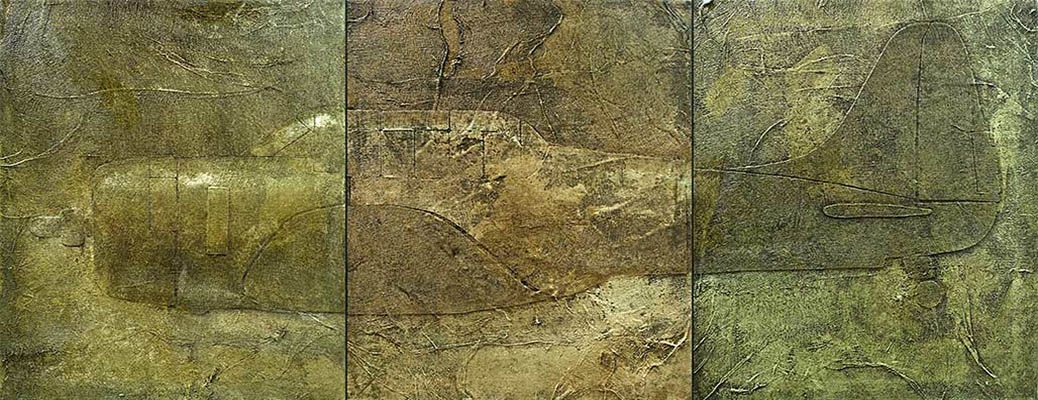 Horizontal painting of a World War II fighter plane.