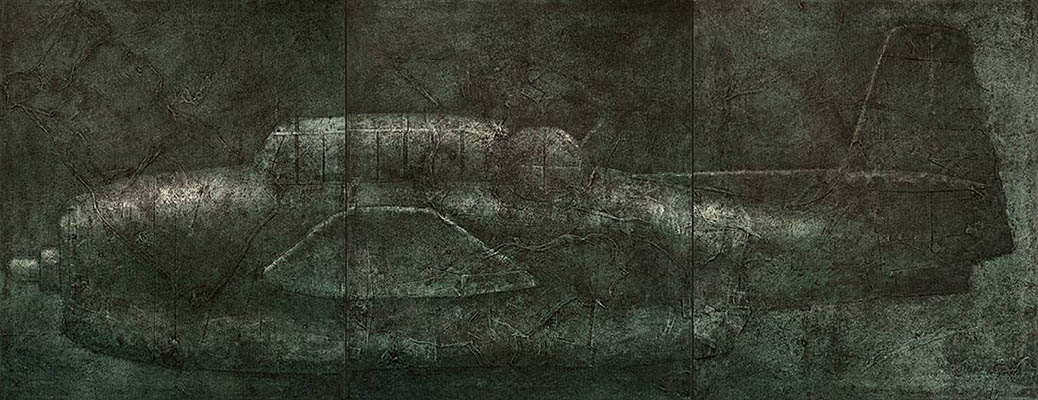Horizontal painting of a World War II fighter plane.