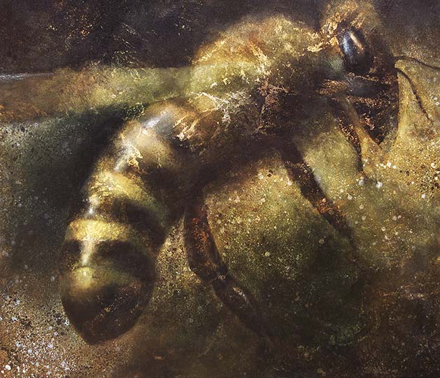A large painting of a single honey bee.