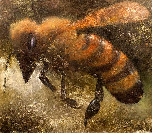 A large painting on canvas of a honey bee.