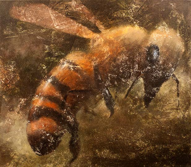 A large painting on canvas of a honey bee.