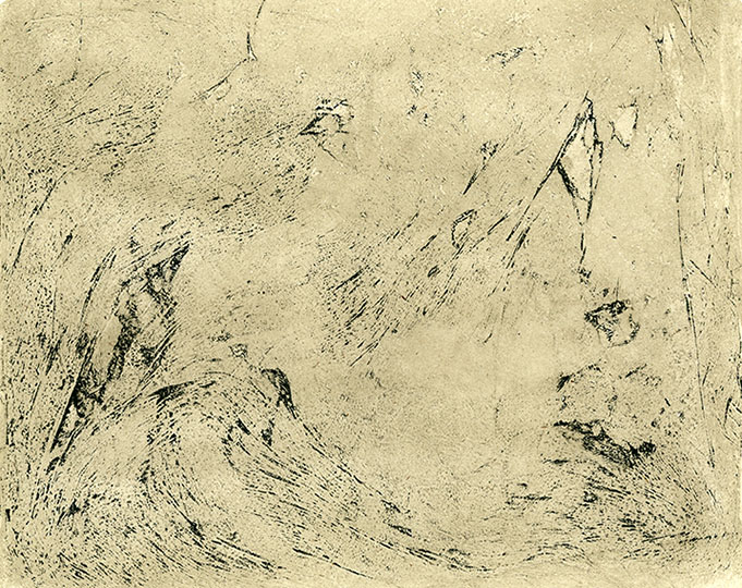 An abstract sepia colored print with elements that imply imagery.