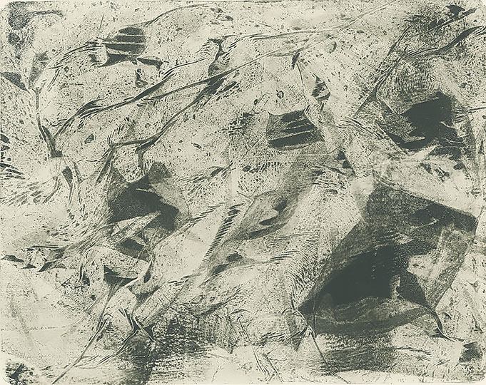 An abstract sepia colored print with elements that imply imagery.