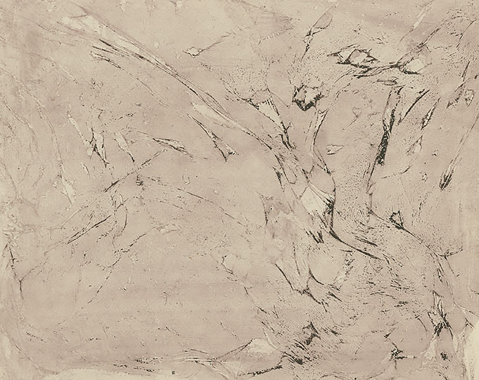 An abstract sepia colored print with elements that imply imagery.