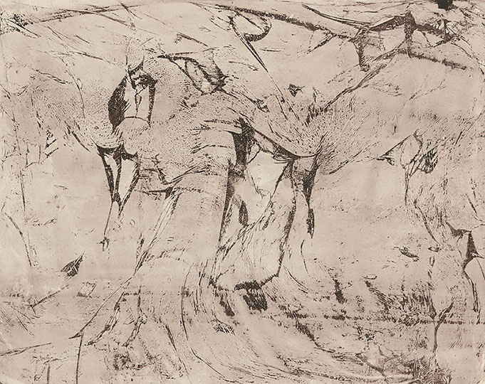 An abstract sepia colored print with elements that imply imagery.