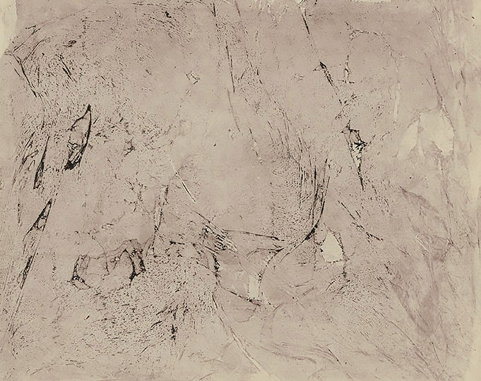 An abstract sepia colored print with elements that imply imagery.