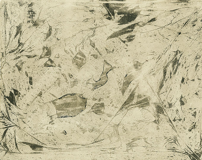 An abstract sepia colored print with elements that imply imagery.