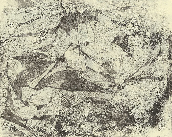 An abstract sepia colored print with elements that imply imagery.