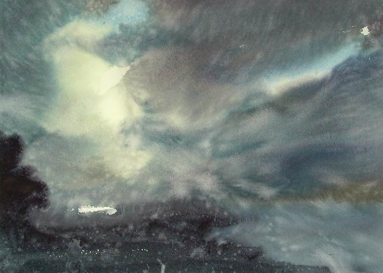 Very loose watercolor of sky, land, clouds, and sunlight breaking through.