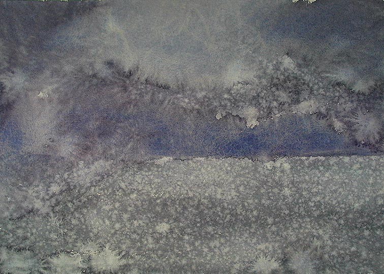 Watercolor painting of rain and mists seen across an expanse of water.