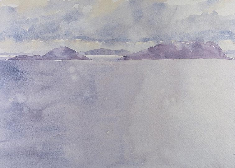 Watercolor painting of distant islands across an expanse of water.