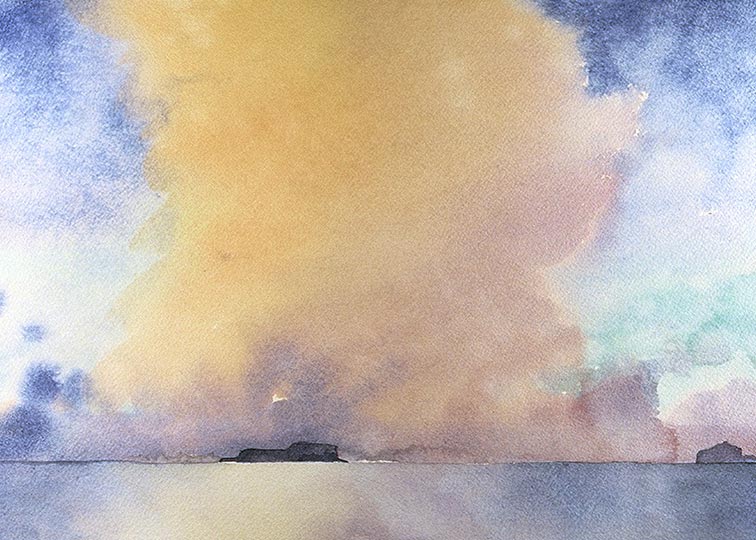 Watercolor painting of a large cloud catching morning light across and expanse of water.