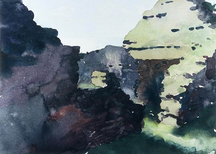 Watercolor painting of a the remains of a stone house in Ireland.