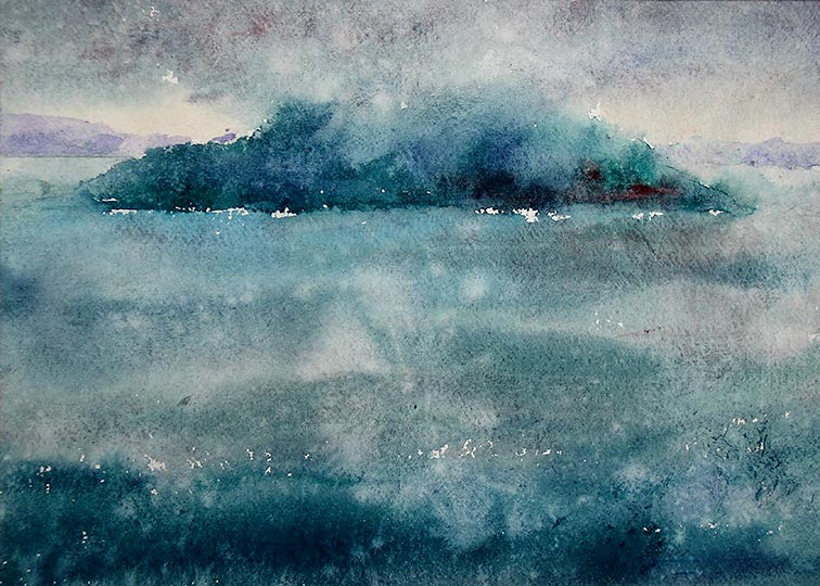 Watercolor painting of an uninhabited island seen across water.