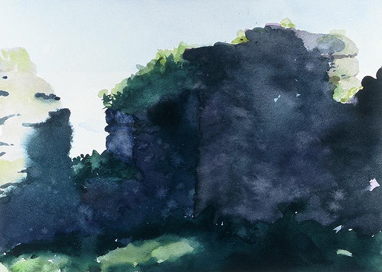 Watercolor painting of the ruins of a stone house in Ireland.