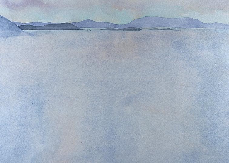 Watercolor painting of distant islands and land across vast waters.