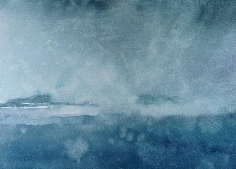 Watercolor painting of distant islands and rain seen across vast waters.