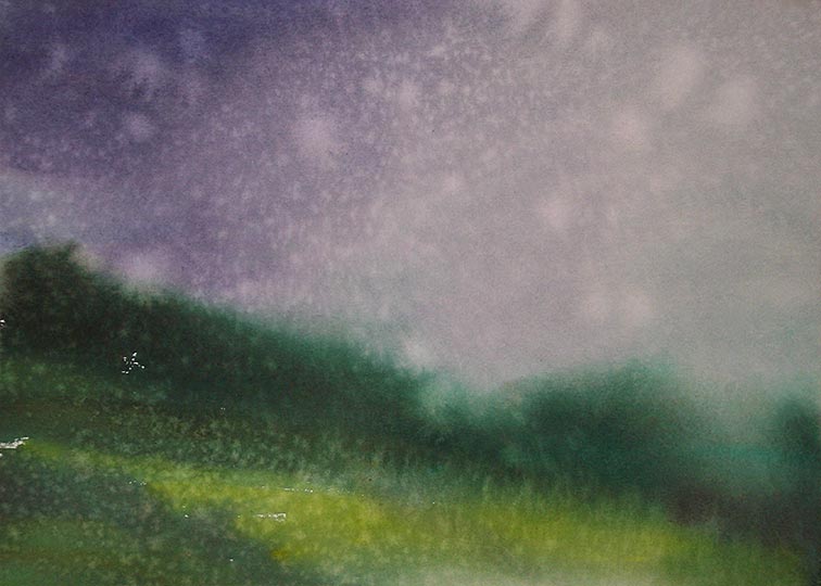 Watercolor painting of a green hilside in mist.