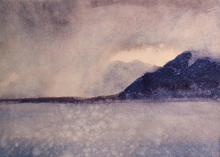 Watercolor painting of distant mountains with a rainstorm seen across an expanse of water.