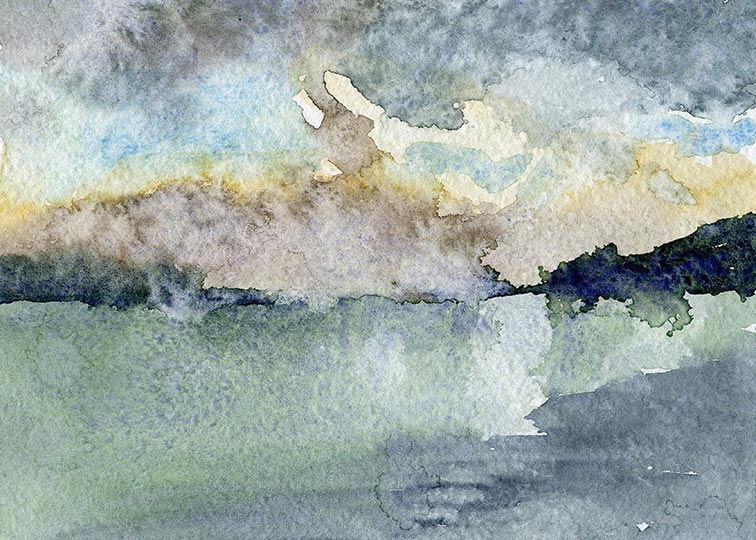 Watercolor painting of sea and clouds.