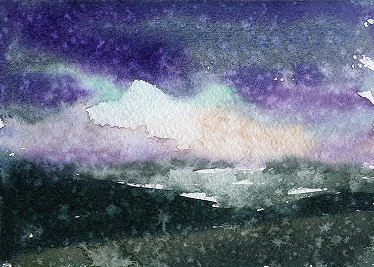 Watercolor painting of hillside field with distant sea and clouds.