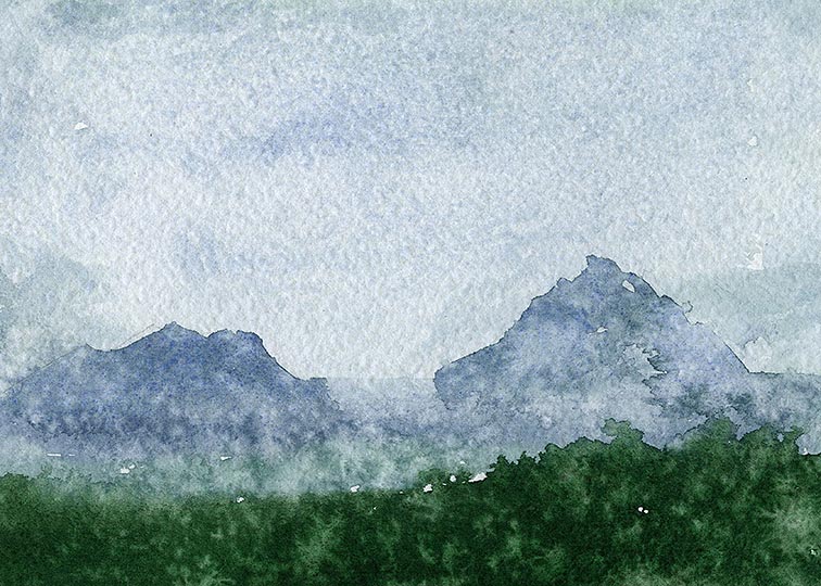 Watercolor painting of hillside field with distant sea and clouds.