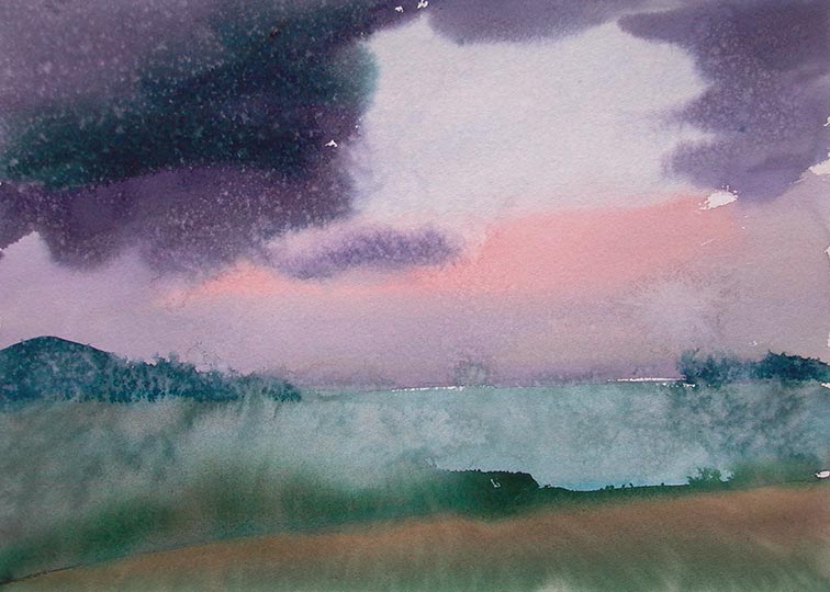 Watercolor painting of a harbor and islands at sundown.