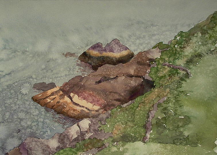 Robert Spellman watercolor painting of sea rocks in Ireland.