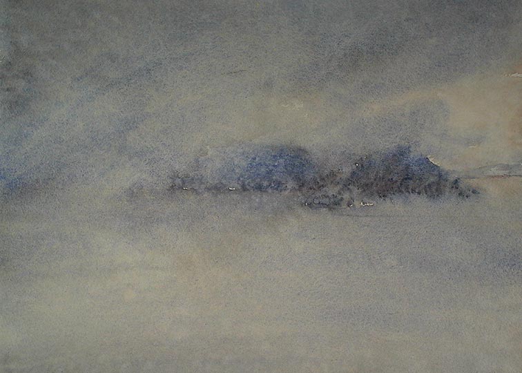 Watercolor painting of islands disappearing into mist and rain.