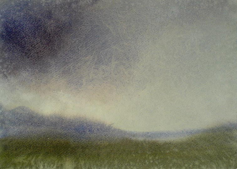 Watercolor painting of a green, misty landscape.