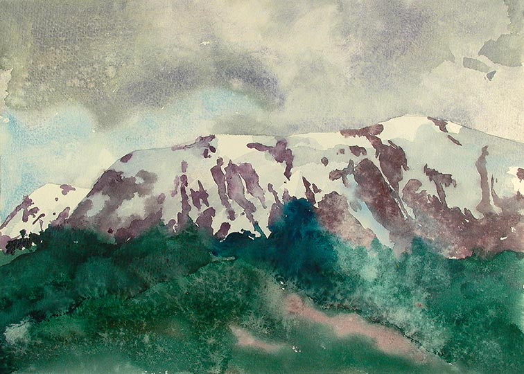 Watercolor painting of snow fields high on a mountain.