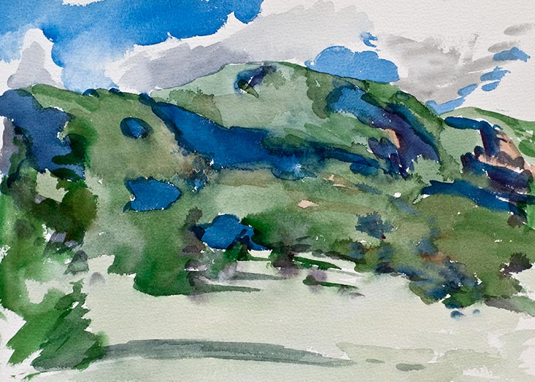 Watercolor of Colorado mountains and clouds.
