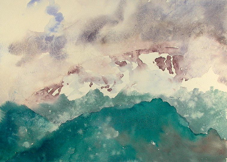 Watercolor of Colorado mountains and clouds.