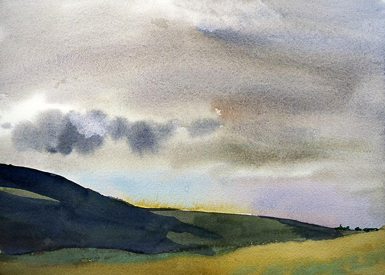 Watercolor of Colorado fields and foothills.