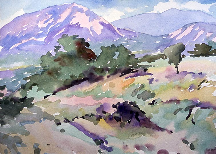 Watercolor of Colorado mountains and meadows.