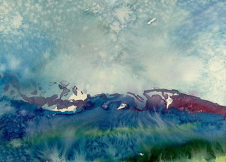 Watercolor painting of snow capped mountain and sky.