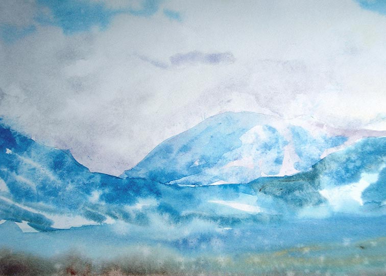 Watercolor of a snowy mountain in southern Colorado.