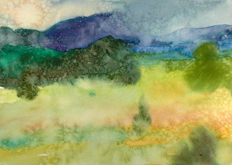 Watercolor of a meadow and mountains.