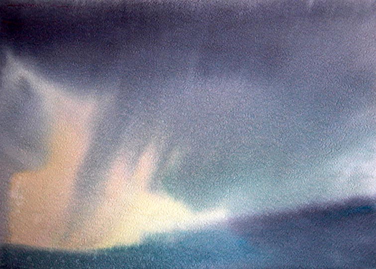 Watercolor of rain not reaching the ground in a mountain landscape.