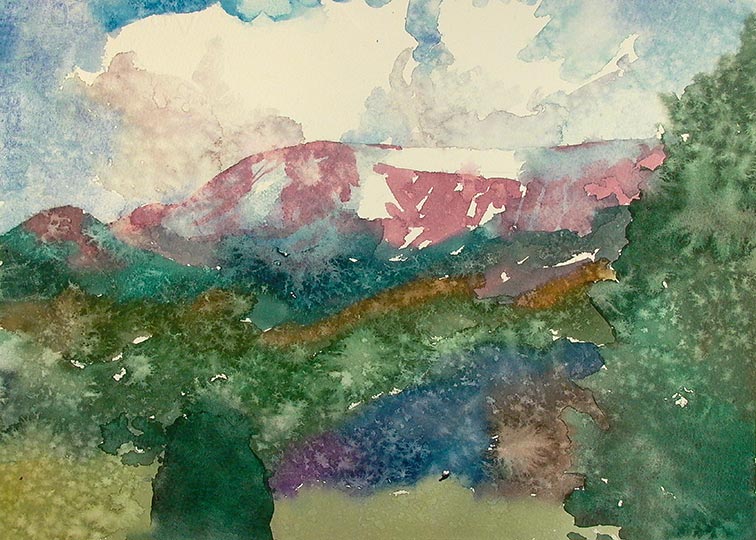 Watercolor of a mountain landscape.