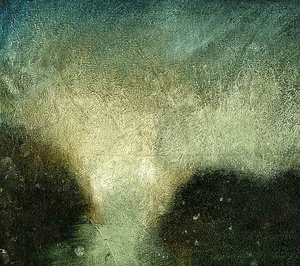 Painting of a lumious dawn seen through misty headlands.