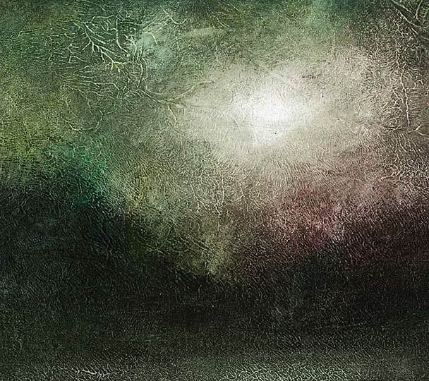 Painting of a lumious, dreamy daybreak with forested headlands in view.