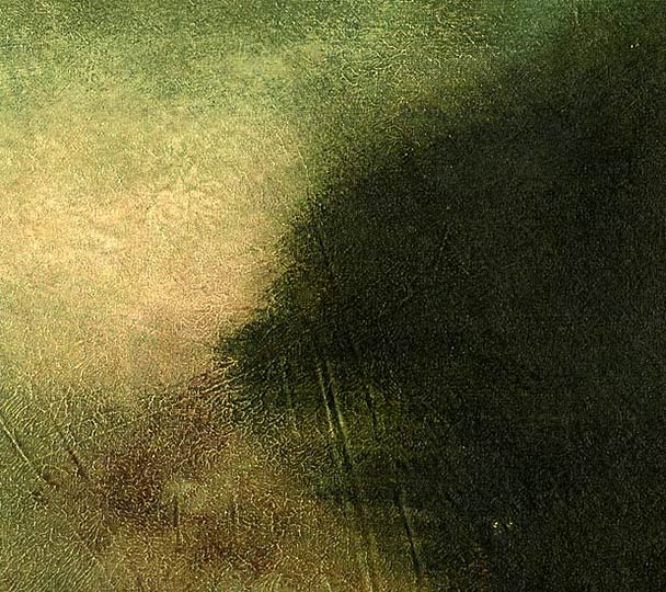 Painting of a lumious, dreamy daybreak with forested headlands in view.