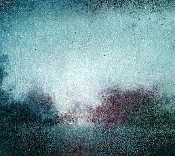 Painting of a lumious, dreamy dawn with forested hills in blue-ish tones.